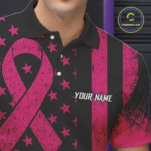Load image into Gallery viewer, Black and Pink ribbon American Flag Bowling Shirts For Men Custom Breast Cancer team bowling shirts NQS9843