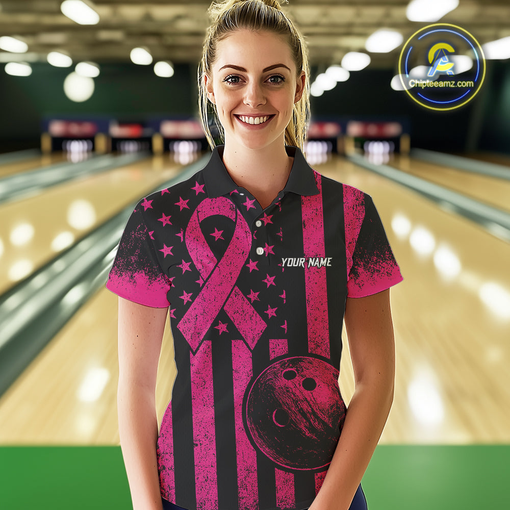 Black and Pink ribbon American Flag Bowling Shirts For Women Custom Breast Cancer team bowling shirts NQS9843