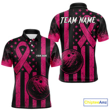Load image into Gallery viewer, Black and Pink ribbon American Flag Bowling Shirts For Men Custom Breast Cancer team bowling shirts NQS9843