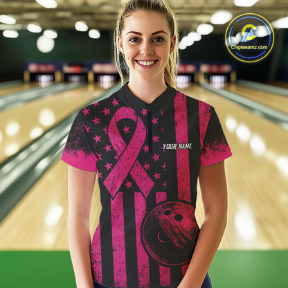 Black and Pink ribbon American Flag Bowling Shirts For Women Custom Breast Cancer team bowling shirts NQS9843