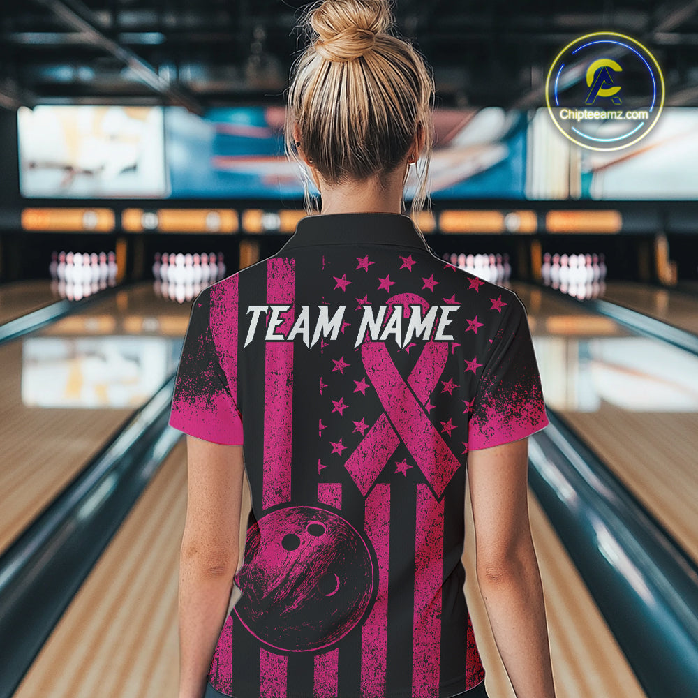 Black and Pink ribbon American Flag Bowling Shirts For Women Custom Breast Cancer team bowling shirts NQS9843