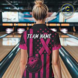 Black and Pink ribbon American Flag Bowling Shirts For Women Custom Breast Cancer team bowling shirts NQS9843