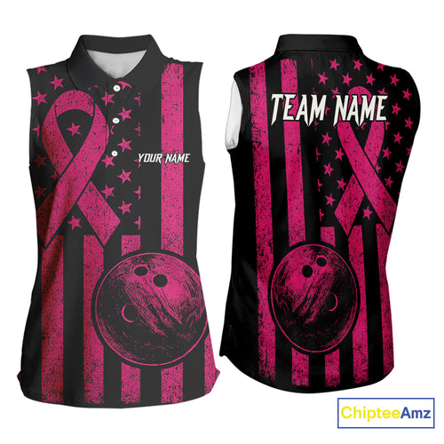 Black and Pink ribbon American Flag Bowling Sleeveless Polos Custom Breast Cancer team bowling shirts NQS9843
