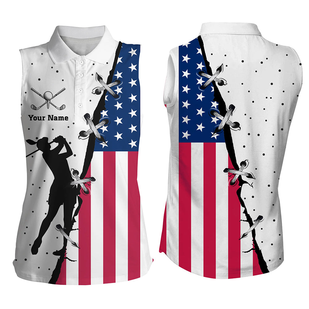 Women sleeveless polo shirt custom American flag patriotic golf shirt, sleeveless golf tops for ladies NQS5657