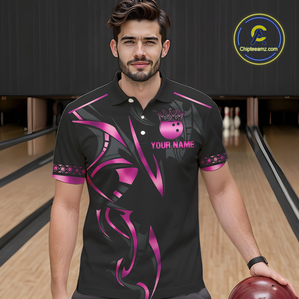 Black and Pink crown Bowling ball Polo, Quarter Zip Shirts for Men Custom Bowling Team jerseys NQS10074