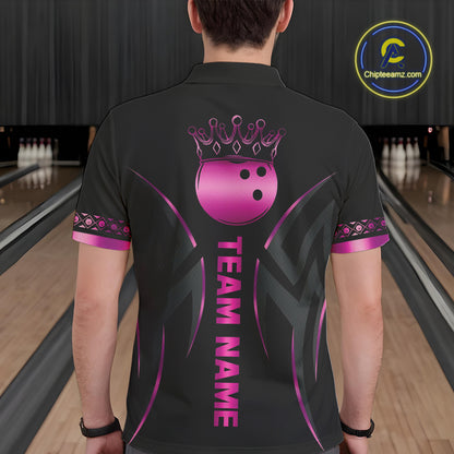 Black and Pink crown Bowling ball Polo, Quarter Zip Shirts for Men Custom Bowling Team jerseys NQS10074