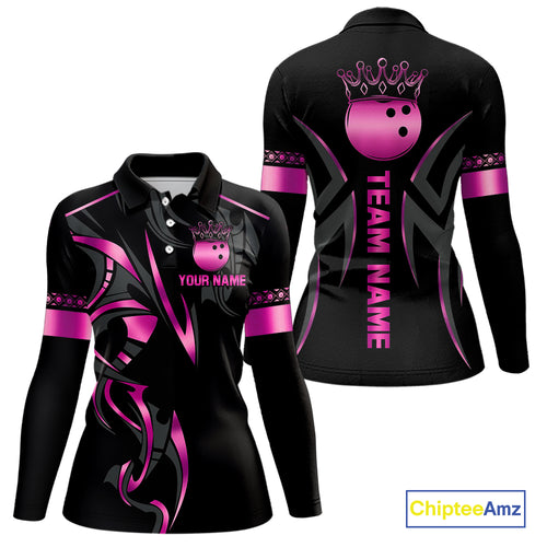 Black and Pink crown Bowling ball Polo, Quarter Zip Shirts for Women Custom Bowling Team jerseys NQS10074