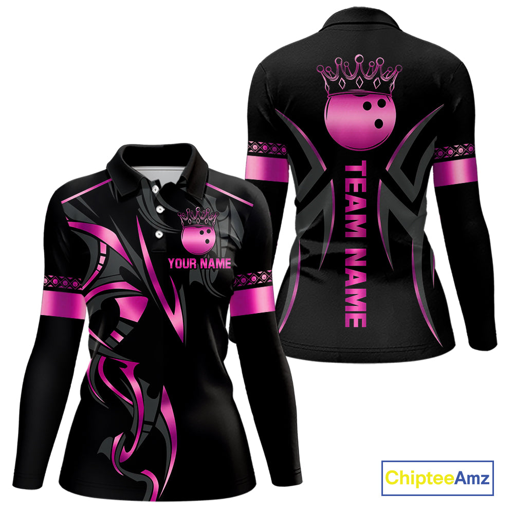Black and Pink crown Bowling ball Polo, Quarter Zip Shirts for Women Custom Bowling Team jerseys NQS10074