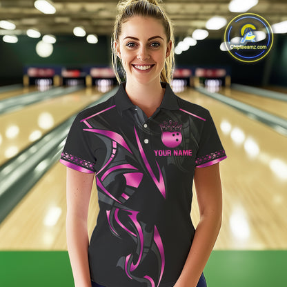 Black and Pink crown Bowling ball Polo, Quarter Zip Shirts for Women Custom Bowling Team jerseys NQS10074