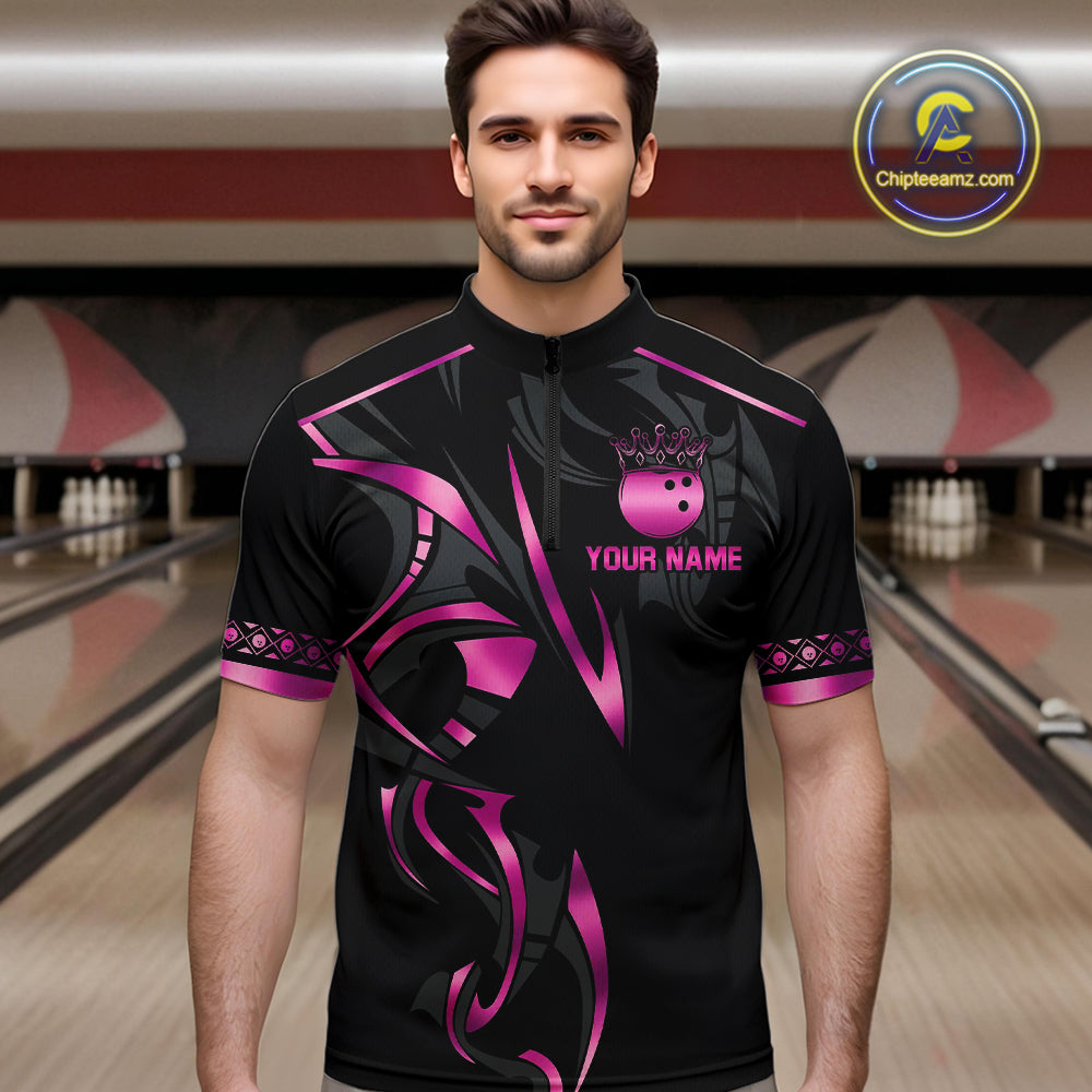 Black and Pink crown Bowling ball Polo, Quarter Zip Shirts for Men Custom Bowling Team jerseys NQS10074