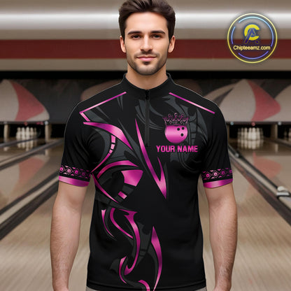 Black and Pink crown Bowling ball Polo, Quarter Zip Shirts for Men Custom Bowling Team jerseys NQS10074