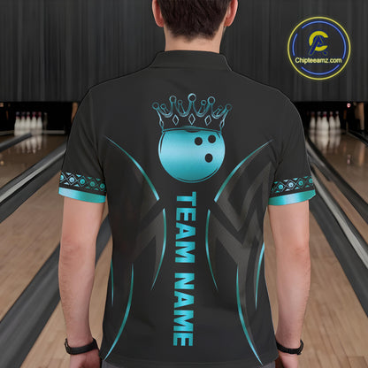 Black and Cyan Blue crown Bowling ball Polo, Quarter Zip Shirts for Men Custom Bowling Team jerseys NQS10075