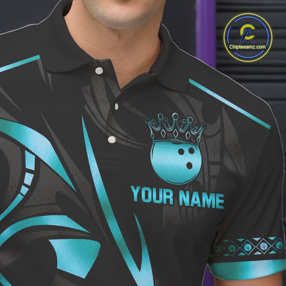 Black and Cyan Blue crown Bowling ball Polo, Quarter Zip Shirts for Men Custom Bowling Team jerseys NQS10075