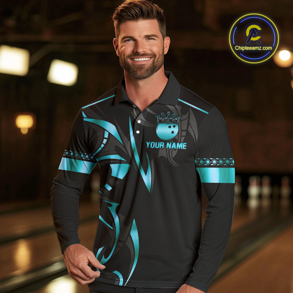 Black and Cyan Blue crown Bowling ball Polo, Quarter Zip Shirts for Men Custom Bowling Team jerseys NQS10075