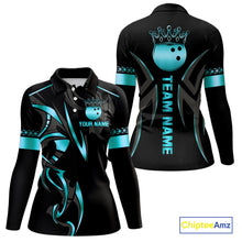 Load image into Gallery viewer, Black and Cyan Blue crown Bowling ball Polo, Quarter Zip Shirts for Women Custom Bowling Team jerseys NQS10075