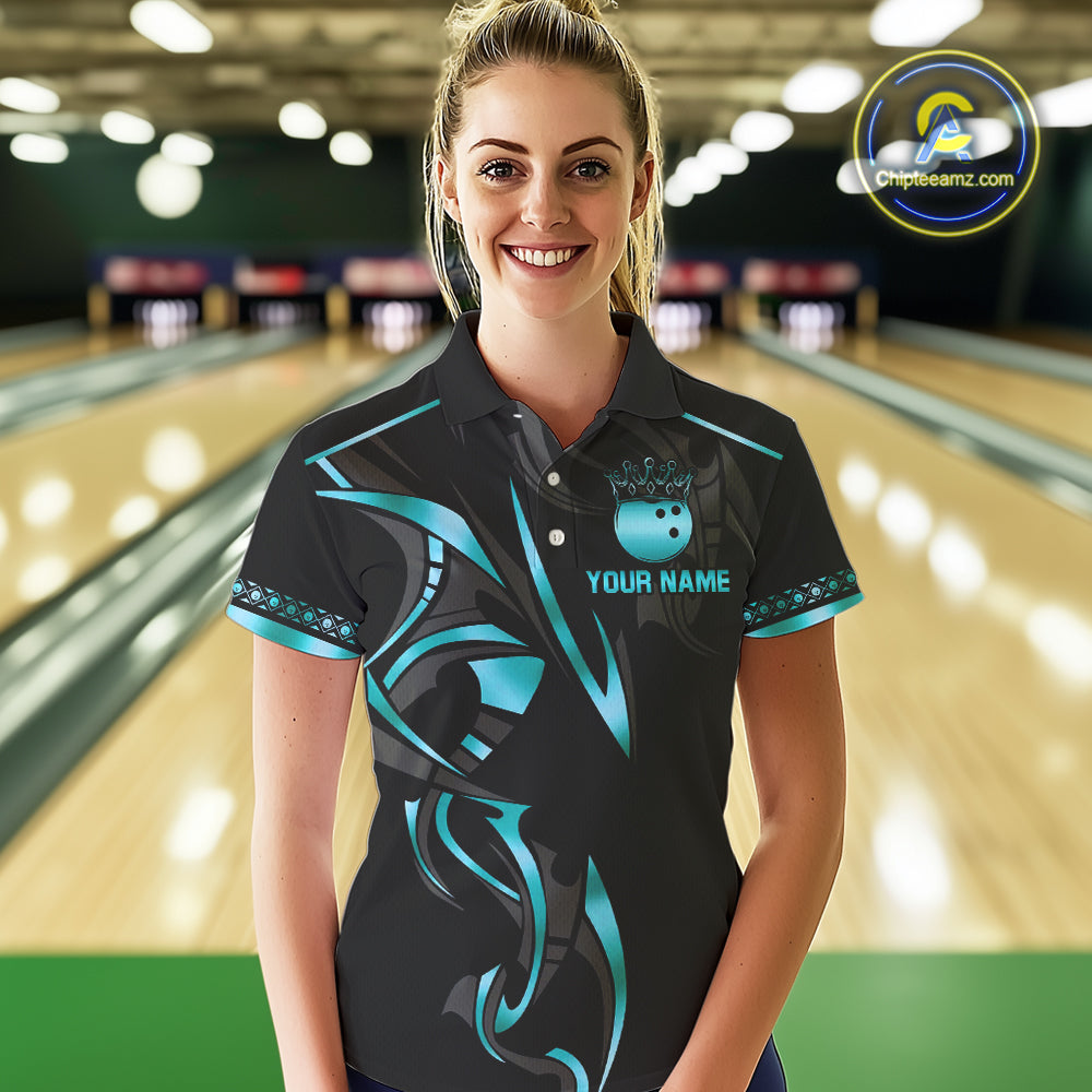 Black and Cyan Blue crown Bowling ball Polo, Quarter Zip Shirts for Women Custom Bowling Team jerseys NQS10075
