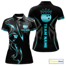 Load image into Gallery viewer, Black and Cyan Blue crown Bowling ball Polo, Quarter Zip Shirts for Women Custom Bowling Team jerseys NQS10075