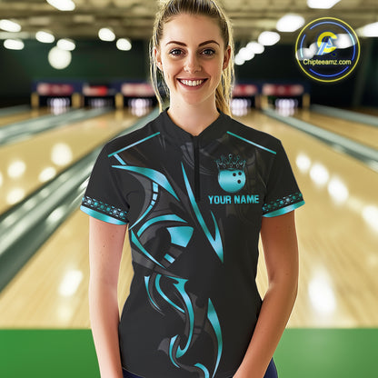 Black and Cyan Blue crown Bowling ball Polo, Quarter Zip Shirts for Women Custom Bowling Team jerseys NQS10075