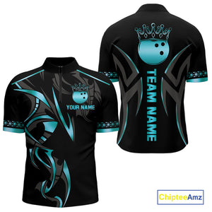Black and Cyan Blue crown Bowling ball Polo, Quarter Zip Shirts for Men Custom Bowling Team jerseys NQS10075