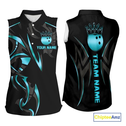Black and Cyan Blue crown Bowling sleeveless polo Shirt Custom Bowling Team jerseys NQS10075