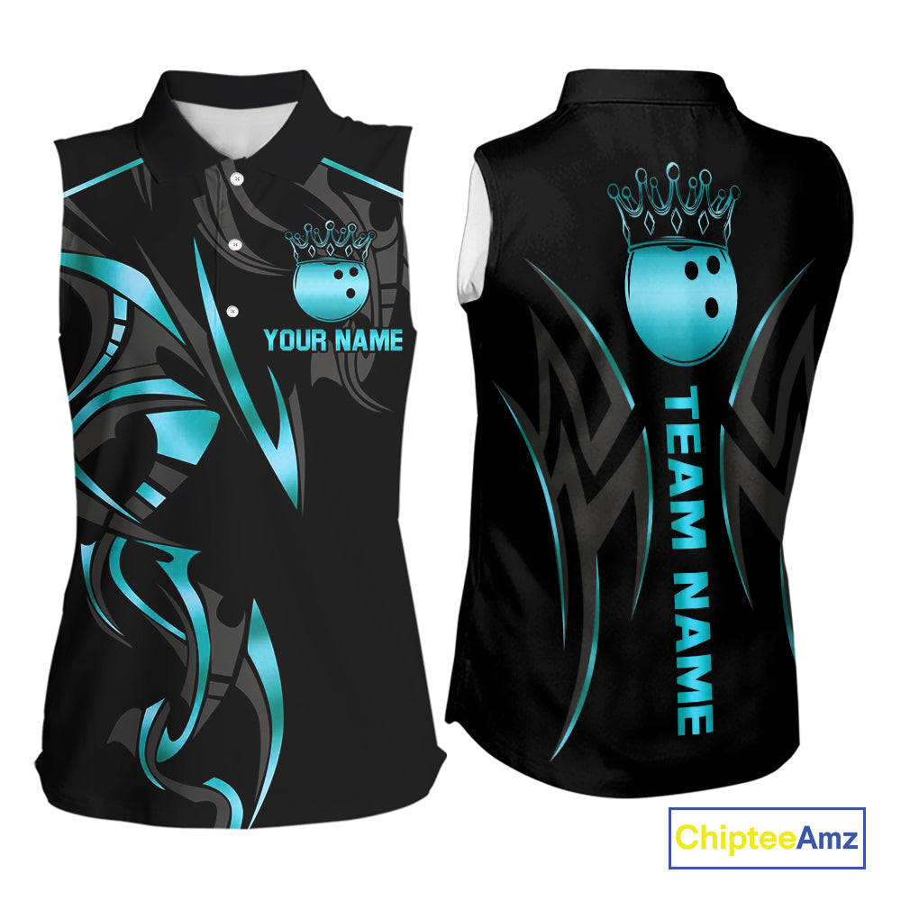 Black and Cyan Blue crown Bowling sleeveless polo Shirt Custom Bowling Team jerseys NQS10075