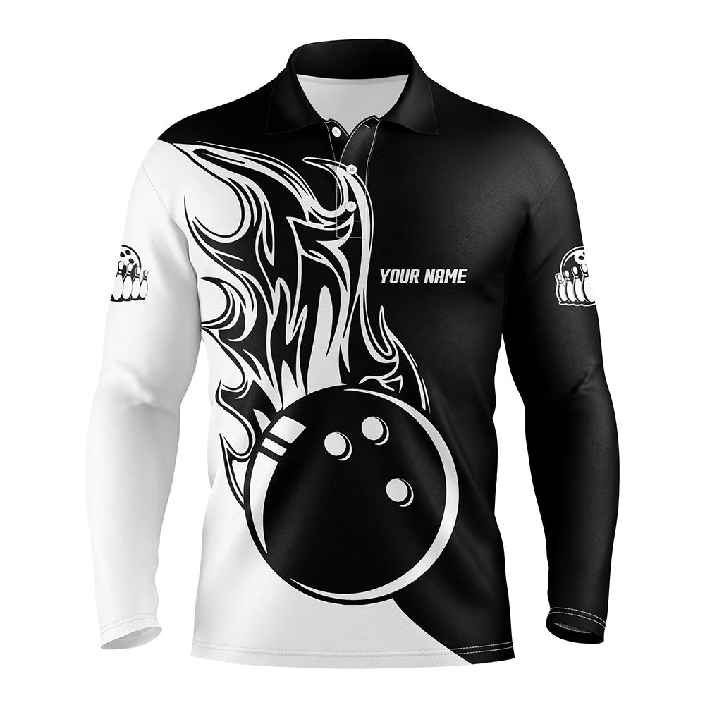 Black and white Bowling ball fire Mens bowling polo shirts custom mens ...