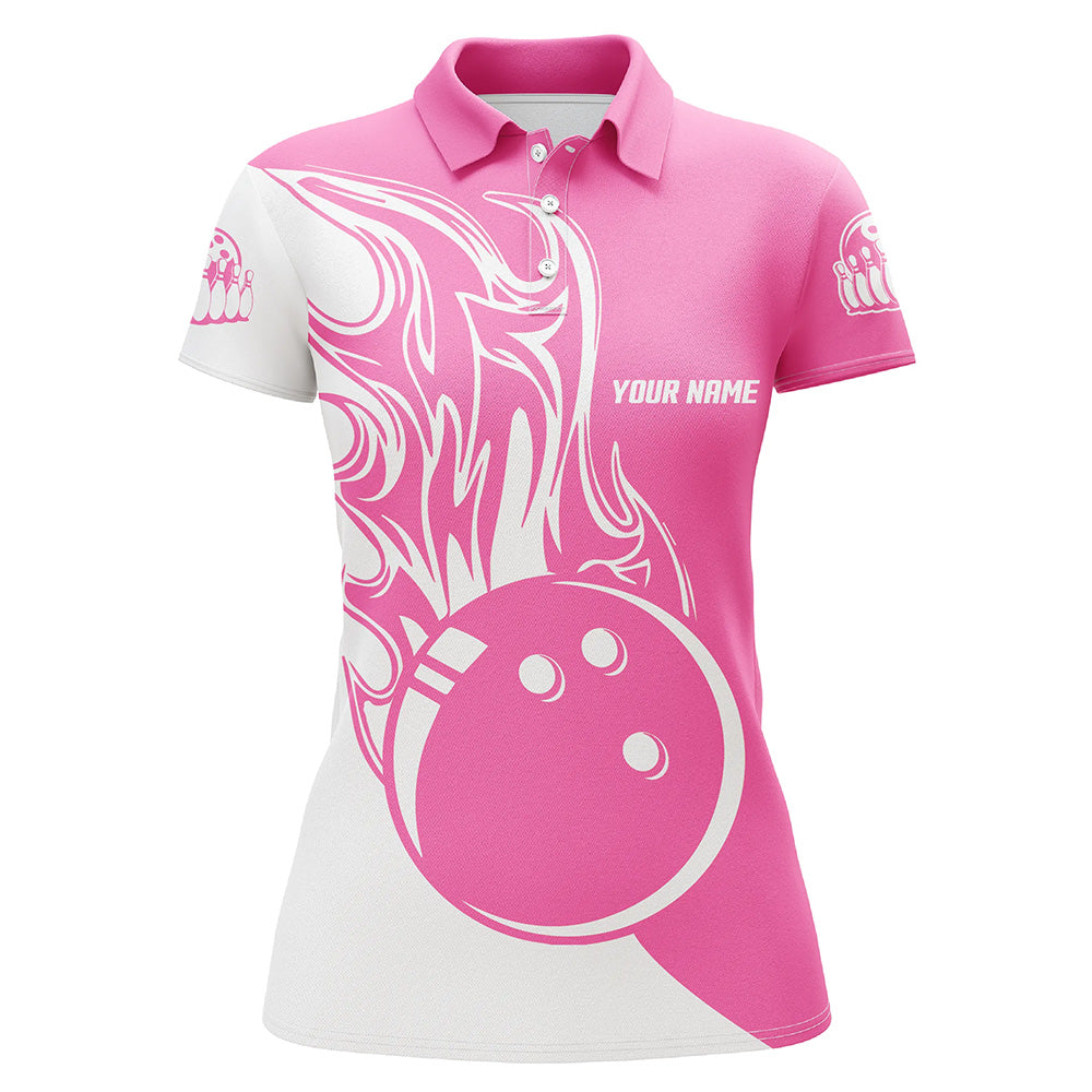 Pink and white Bowling ball fire Women polo shirts custom ladies Bowling Team Jerseys NQS6088