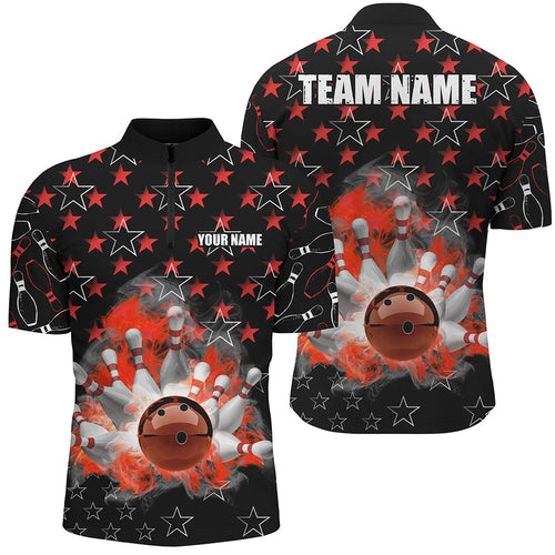 Black and Red Bowling stars pattern custom Mens Bowling Polo, Quarter Zip Shirts, team bowling jerseys NQS8193