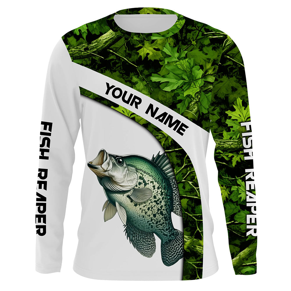 Crappie fishing Green Camo UV protection Customize name long sleeves fishing shirts, gift for fisherman NQS802