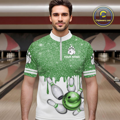Green glitter Bowling Shirts For Men Custom team bowling jerseys, Personalized bowling uniform NQS10814