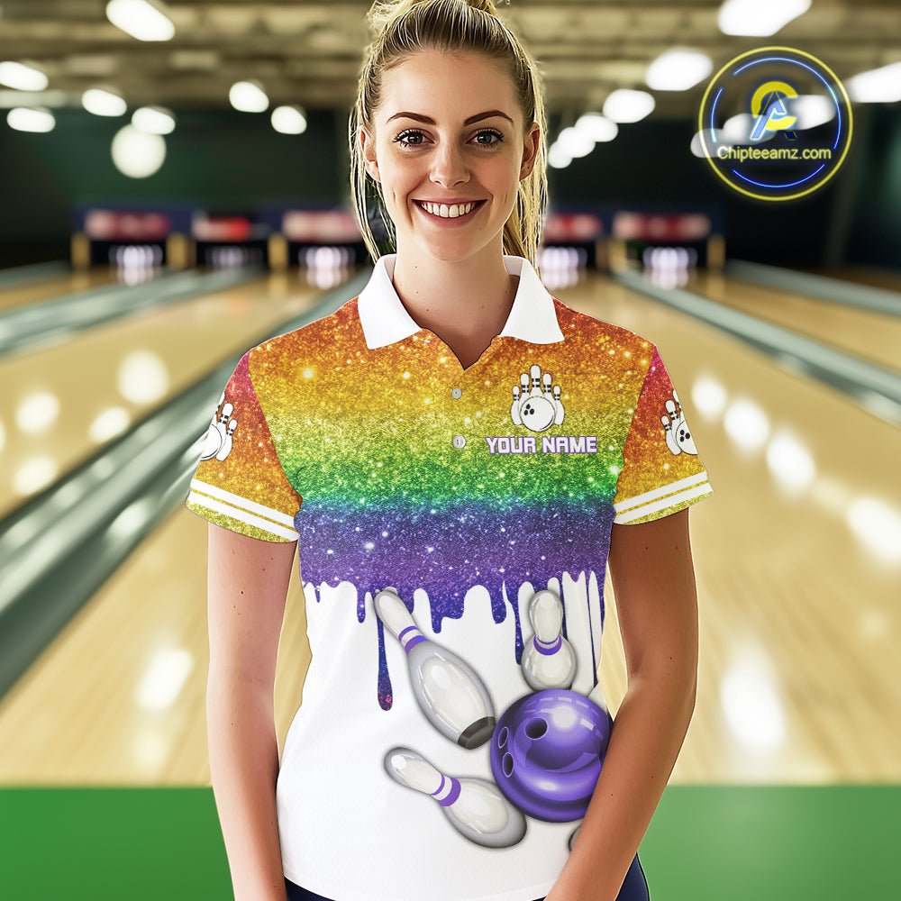 Rainbow glitter Bowling Shirts For Women Custom team bowling jerseys, Personalized bowling uniform NQS10815