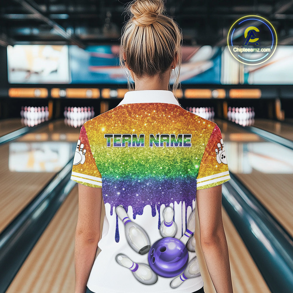 Rainbow glitter Bowling Shirts For Women Custom team bowling jerseys, Personalized bowling uniform NQS10815