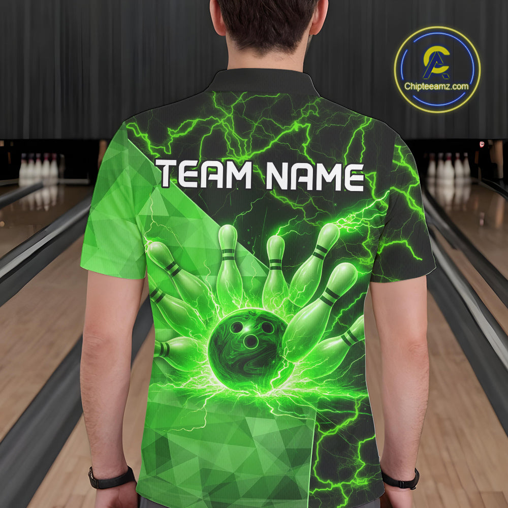 Green Thunder Lightning Bowling Polo, Quarter Zip Shirts For Men Custom Team Bowling Outfit NQS10821
