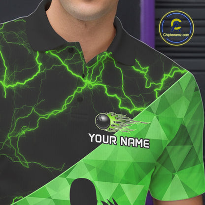 Green Thunder Lightning Bowling Polo, Quarter Zip Shirts For Men Custom Team Bowling Outfit NQS10821
