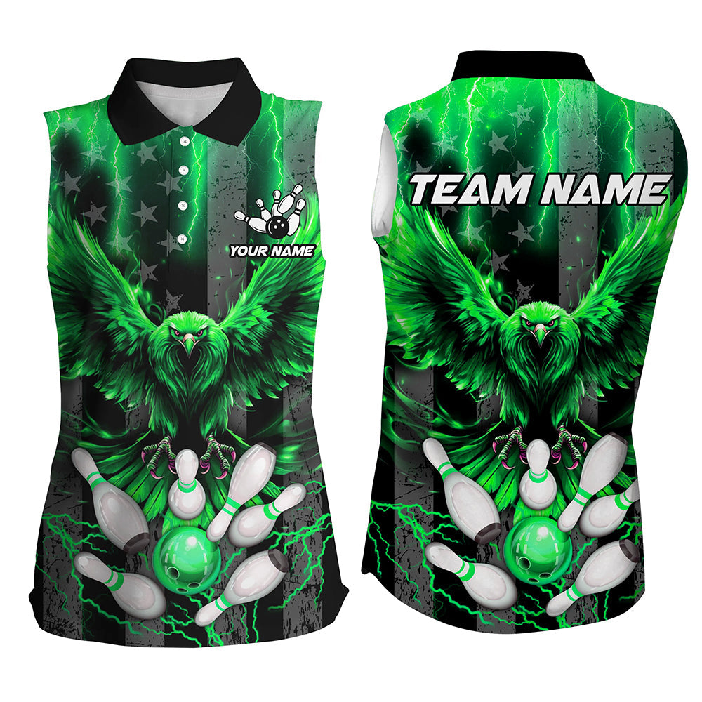 American flag Women sleeveless polo bowling shirts Custom Green lightning thunder Eagle Bowling Jersey NQS8882