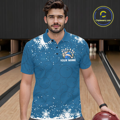 Blue Christmas Bowling snowflake Men's Bowling Polo, Quarter Zip shirts Custom Xmas Bowling Outfits NQS10995