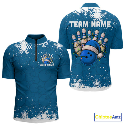 Blue Christmas Bowling snowflake Men's Bowling Polo, Quarter Zip shirts Custom Xmas Bowling Outfits NQS10995