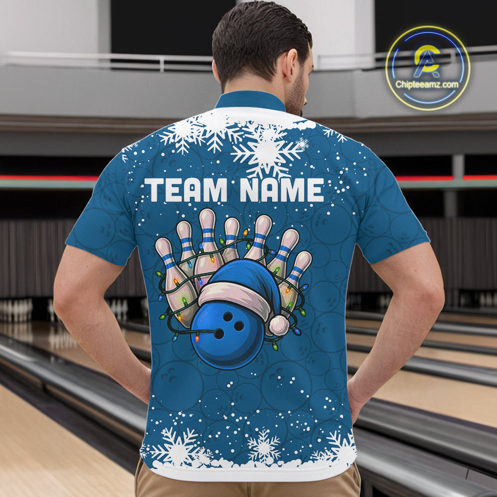 Blue Christmas Bowling snowflake Men's Bowling Polo, Quarter Zip shirts Custom Xmas Bowling Outfits NQS10995