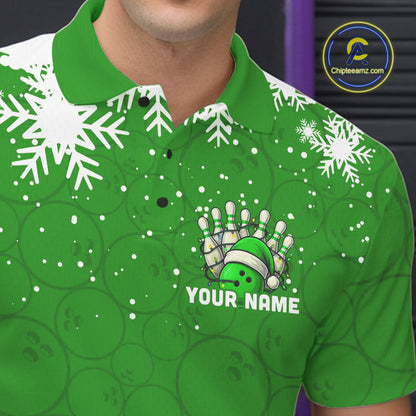 Green Christmas Bowling snowflake Men's Bowling Polo, Quarter Zip shirts Custom Xmas Bowling Outfits NQS10996