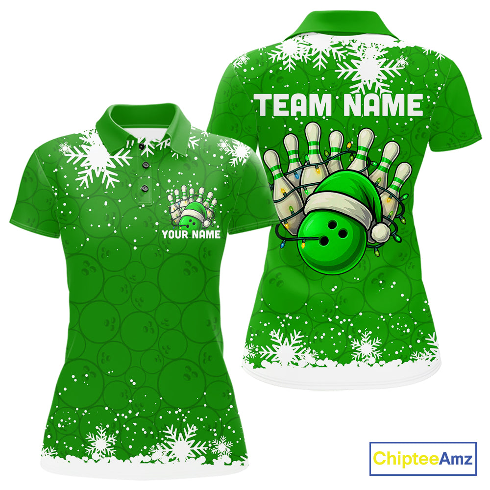 Green Christmas Bowling snowflake Women's Bowling Polo, Quarter Zip shirt Custom Xmas Bowling Outfits NQS10996