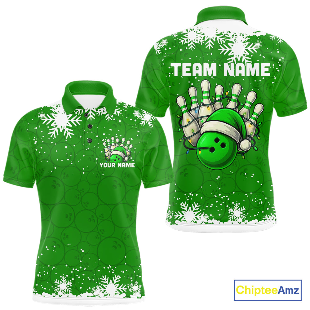 Green Christmas Bowling snowflake Men's Bowling Polo, Quarter Zip shirts Custom Xmas Bowling Outfits NQS10996