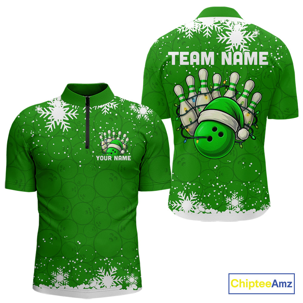 Green Christmas Bowling snowflake Men's Bowling Polo, Quarter Zip shirts Custom Xmas Bowling Outfits NQS10996