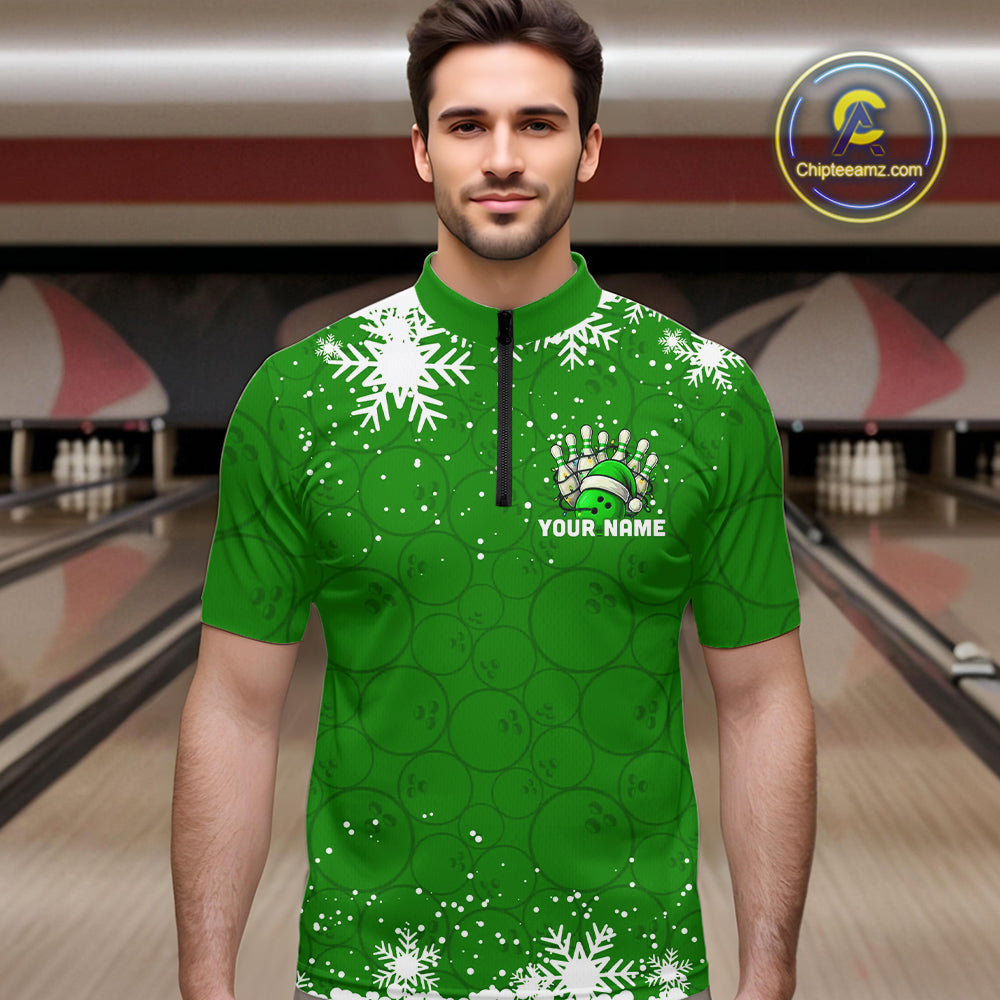 Green Christmas Bowling snowflake Men's Bowling Polo, Quarter Zip shirts Custom Xmas Bowling Outfits NQS10996
