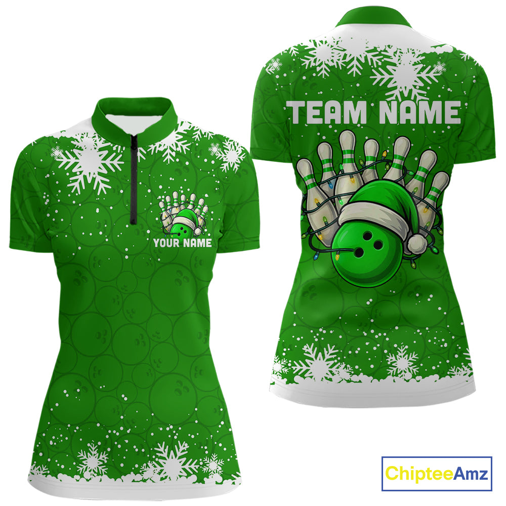 Green Christmas Bowling snowflake Women's Bowling Polo, Quarter Zip shirt Custom Xmas Bowling Outfits NQS10996