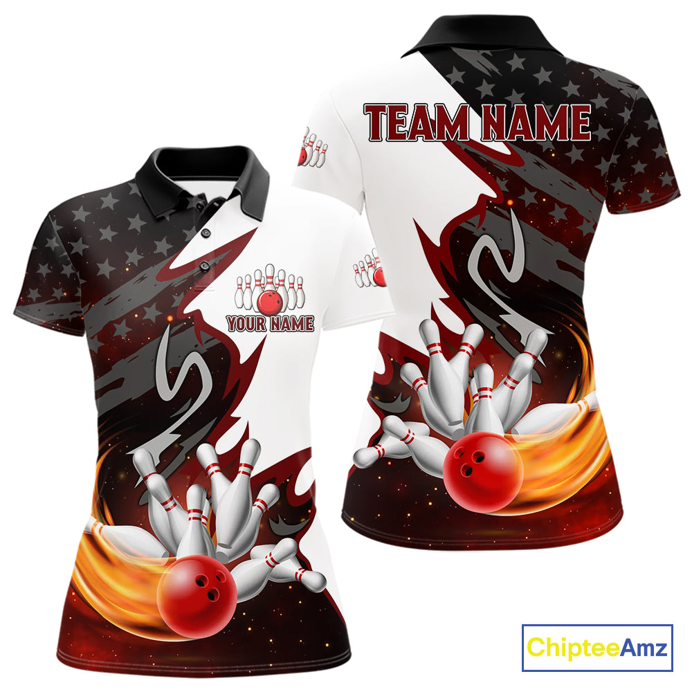 Black and White American flag Bowling jersey Custom Patriotic Bowling Polo, 1/4 Zip Shirts For Women NQS10999