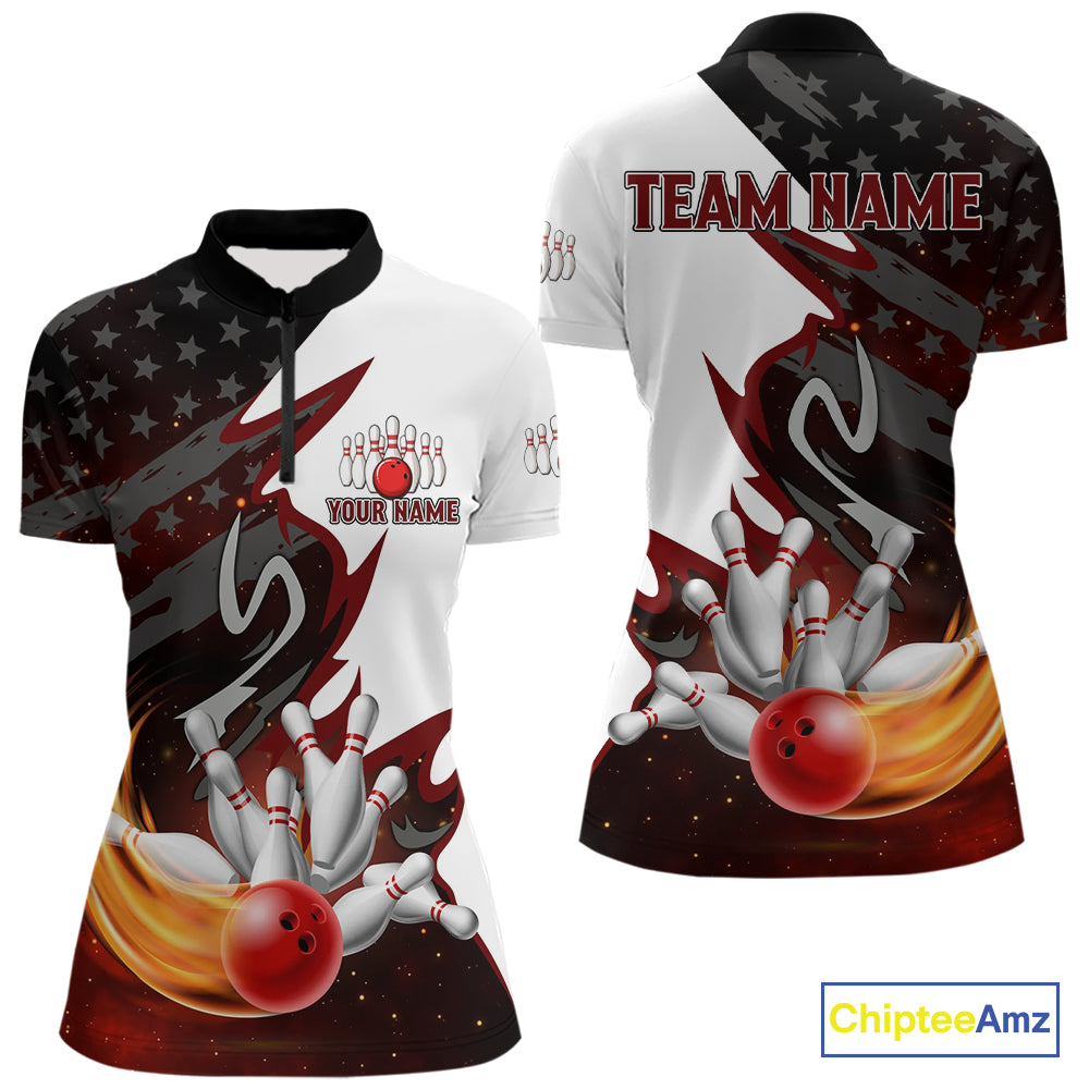Black and White American flag Bowling jersey Custom Patriotic Bowling Polo, 1/4 Zip Shirts For Women NQS10999