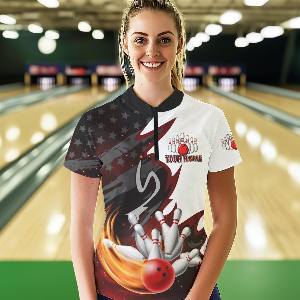 Black and White American flag Bowling jersey Custom Patriotic Bowling Polo, 1/4 Zip Shirts For Women NQS10999