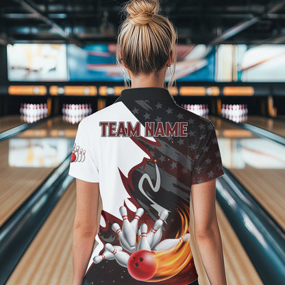 Black and White American flag Bowling jersey Custom Patriotic Bowling Polo, 1/4 Zip Shirts For Women NQS10999