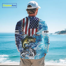 Load image into Gallery viewer, American Flag Largemouth Bass Fishing blue sea camo custom long sleeves performance fishing shirts NQS11190