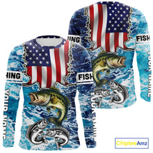 Load image into Gallery viewer, American Flag Largemouth Bass Fishing blue sea camo custom long sleeves performance fishing shirts NQS11190